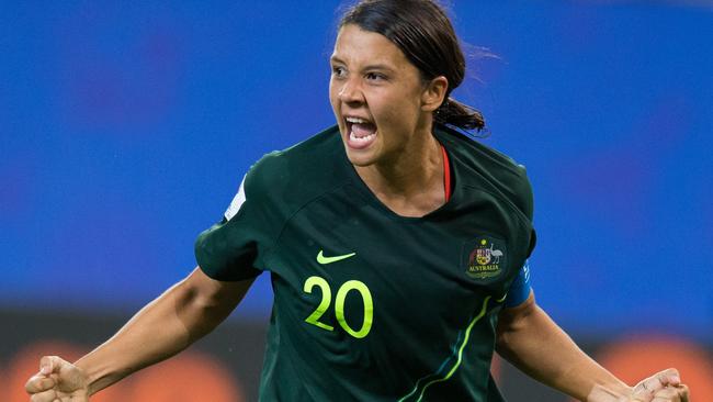 Australia’s Sam Kerr celebrates scoring her fourth goal during the 2019 FIFA Women's World Cup France Group C match in a 4-1 win over Jamaica at Stade des Alpes, Grenoble in June. Picture: Craig Mercer/MB Media/Getty Images.