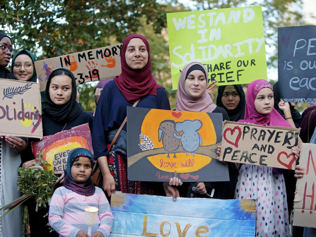 Messages of peace, love and support were displayed by attendees of Hobart's vigil for Christchurch at Franklin Square. Picture: PATRICK GEE