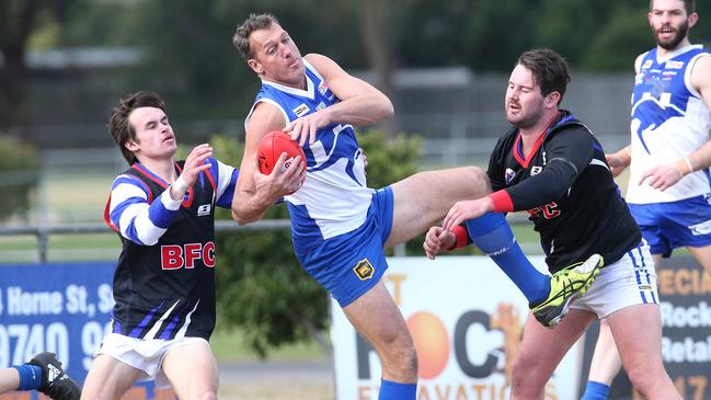 Veteran big man Jamie Cuffe grabs a mark for Sunbury Kangaroos on Saturday. Picture: Hamish Blair