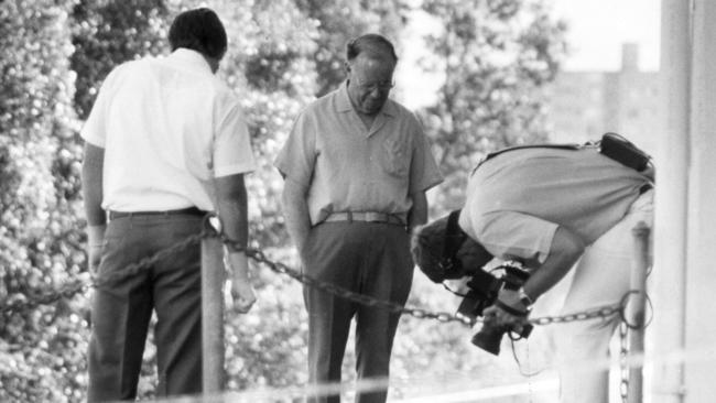 Investigators at the murder scene after Edward Baldock’s body was found.