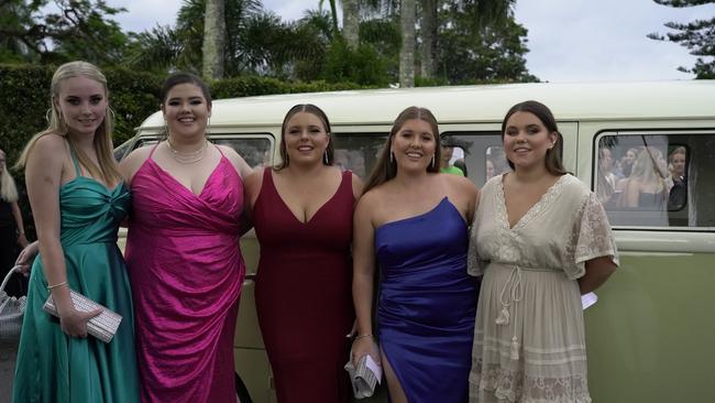 Helena Bishop, Eloise Erezuma, Ella Matlock, Alana Worth and Tia Iskov at the Kingscliff 2021 formal at Fins Plantation House on December 8. Picture: Ashi Hilmer