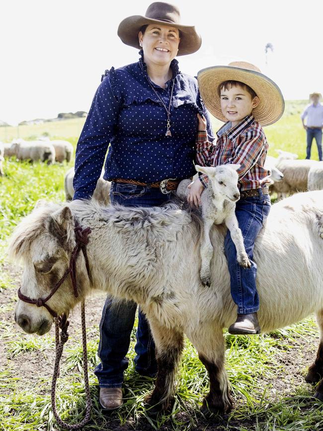 Sheep producer Ali Davies with her son, Ernie, 4. Picture: Nicole Cleary