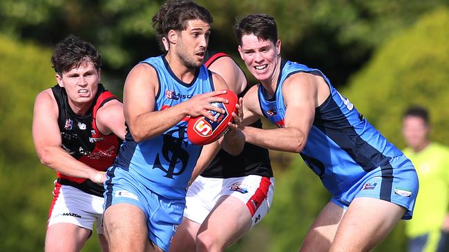 Sturt’s James Battersby wins another clearance in the Double Blues’ big home win against West Adelaide. Picture: Dean Martin