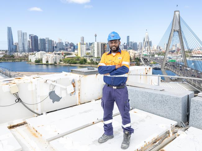 Glebe Island Silo Terminals Operation Lead Olufemi Adeyemi at the top of Glebe island cement silos. Picture: Thomas Lisson