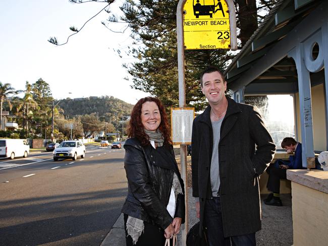 Northern Beaches Councilor Kylie Ferguson and Mayor Michael Regan at Newport Beach bus stop. Picture: Adam Yip.