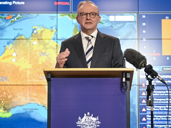 Prime Minister Anthony Albanese in the National Situation Room (NEMA) in Canberra. Picture: Martin Ollman