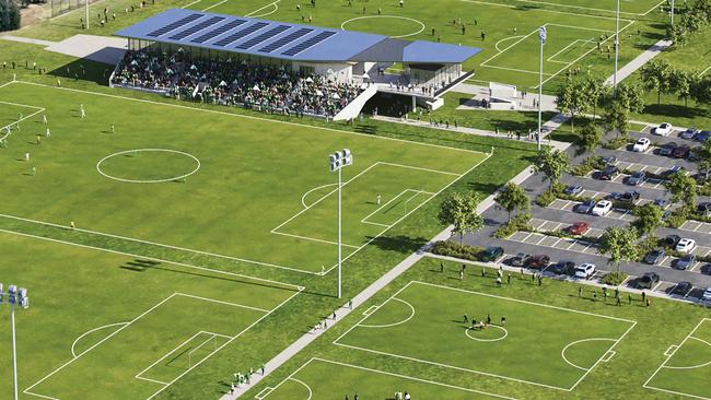 Designs of the $80m ‘Home of Football’ that Football Tasmania want to establish in Hobart showing the main pitches - which would feature a show pitch with a grandstand. Picture: Supplied.