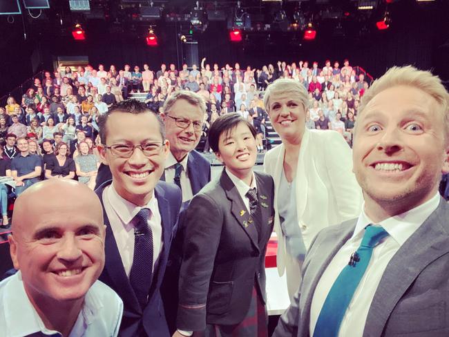 Flagship ABC panel show Q&amp;A is making plans to film and air without an live studio audience. Host Hamish McDonald poses for a selfie after the show.