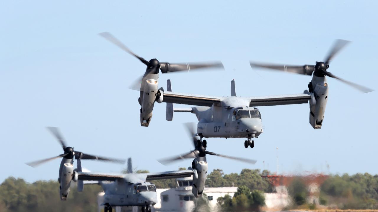 Two US Marine MV-22 Ospreys take off from Darwin Airport after a personnel and logistic transfer.