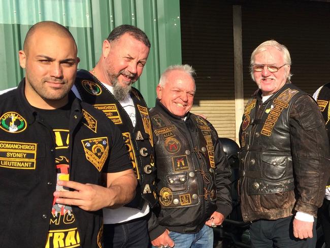 Fidel Tukel (left), pictured with Comanchero master sergeant Ian Clissold, senior member Terry Parker and club founder Jock Ross, during his time as a gang member.