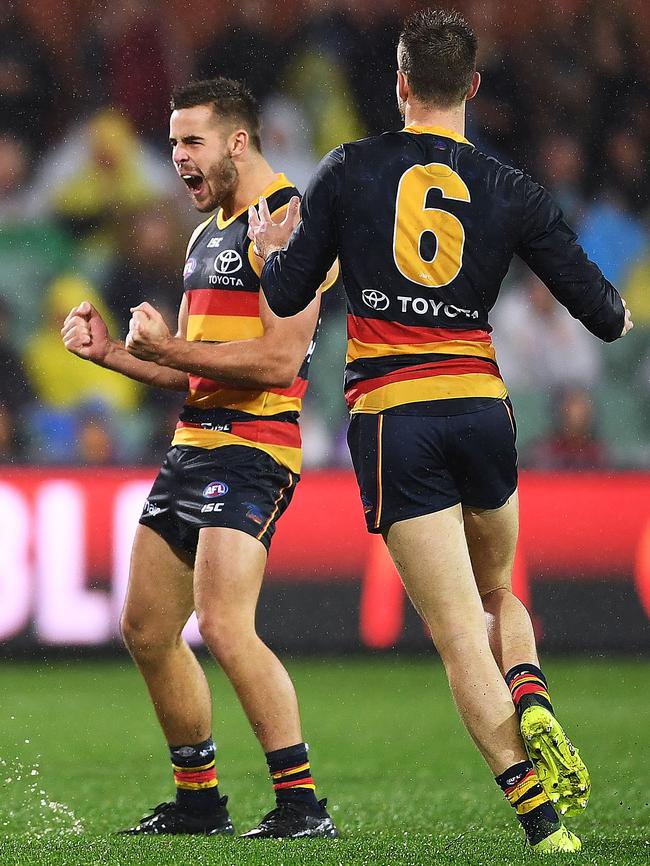 Myles Poholke celebrates a goal for the Crows against the Bulldogs. Picture: Mark Brake/Getty Images