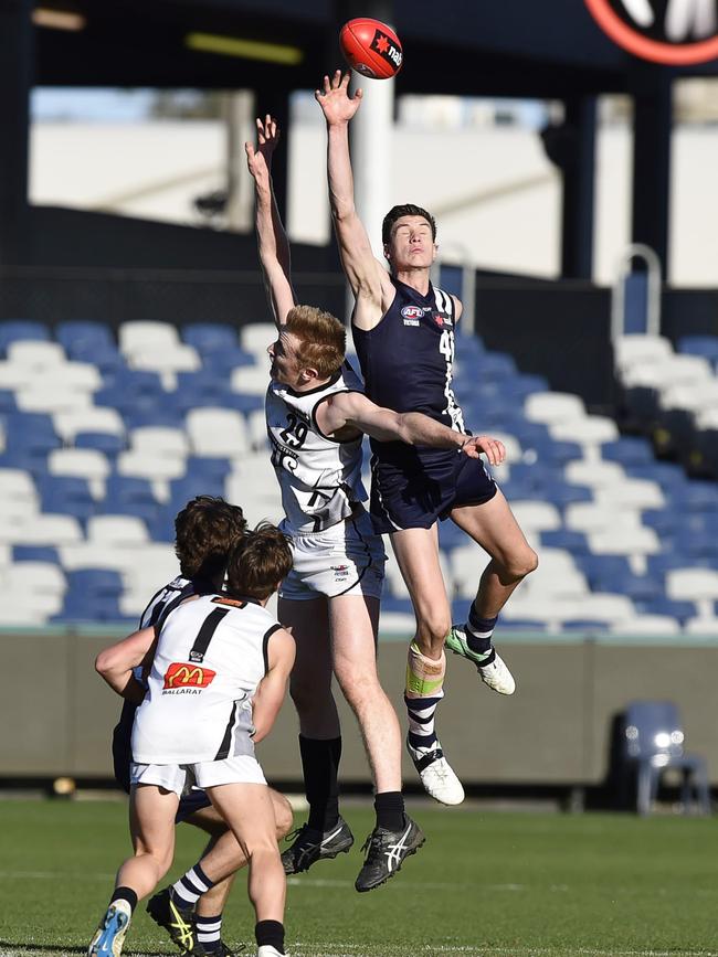 Geelong Falcons ruckman Henry Walsh (right) is the brother of Carlton midfielder Sam Walsh. Picture: Alan Barber