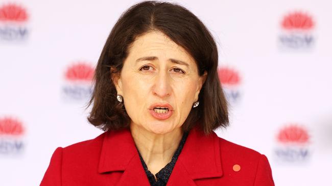 NSW Premier Gladys Berejiklian speaks to the media on Monday The NSW government estimated that each week of lockdown takes $850m off national output. Picture: Getty Images