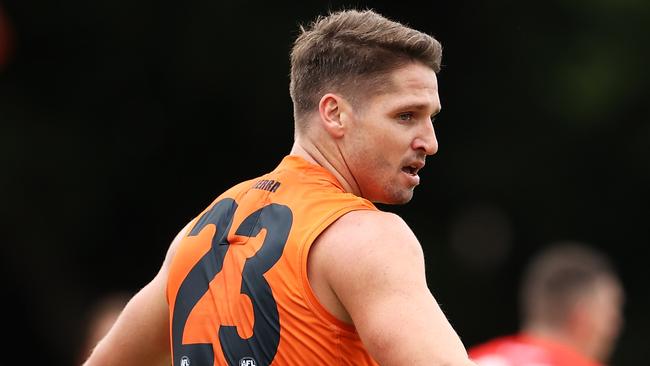 SYDNEY, AUSTRALIA - APRIL 17: Jesse Hogan of the Giants celebrates kicking a goal during the round one VFL match between the Sydney Swans and the Greater Western Sydney Giants at Lakeside Oval on April 17, 2021 in Sydney, Australia. (Photo by Mark Kolbe/Getty Images)