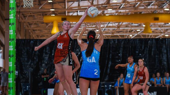 Taylah Flack defends for the NT against NSW goal attack Grace Whyte in the 2023 National Netball Championships. Picture: Pema Tamang Pakhrin