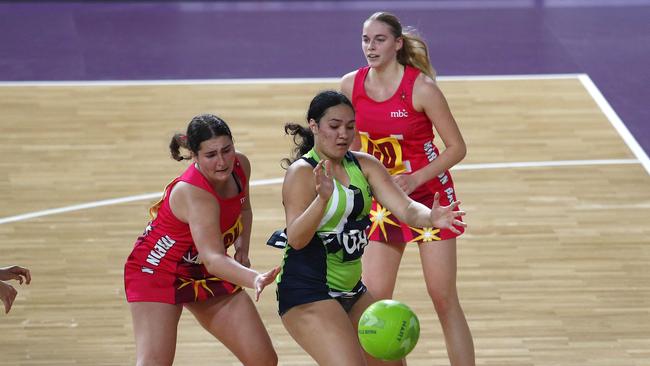 Action from the QGSSSA netball match between Somerville House and Moreton Bay College. Picture: Tertius Pickard