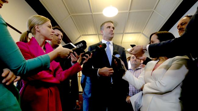 South Australian Leader of the Opposition Peter Malinauskas speaks to the media after hosting a roundtable with key stakeholders to discuss shop trading hours. Picture: Kelly Barnes