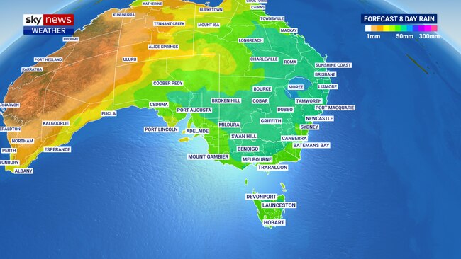 Eight-day rainfall totals to Monday, October 24. Picture: Sky News.