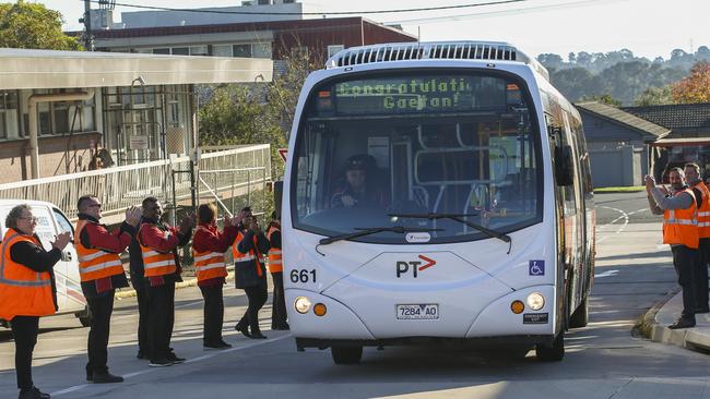 Gaetan D’Avoine gets a guard of honour from drivers at the Doncaster Transdev bus depot for his 50-year milestone. Picture: Wayne Taylor