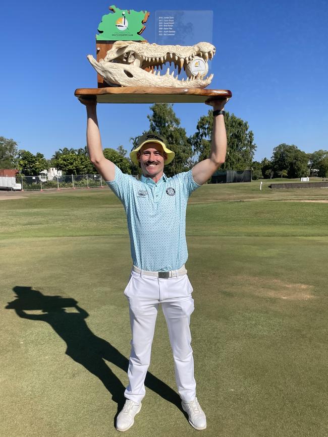 NT PGA Championship winner Daniel Gale said taking home the crocodile trophy was ‘awesome’. Picture: Max Hatzoglou