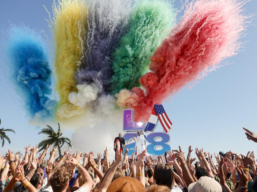 It’s going to be a big show but Paris will be a hard act for LA to follow. Dr Dre and Snoop Dogg bring their A game to the handover at Venice Beach. Picture: Emma McIntyre/Getty Images for LA28