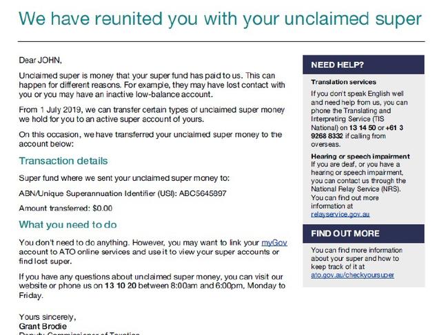 Sample ATO unclaimed superannuation payment letter. Source: ATO