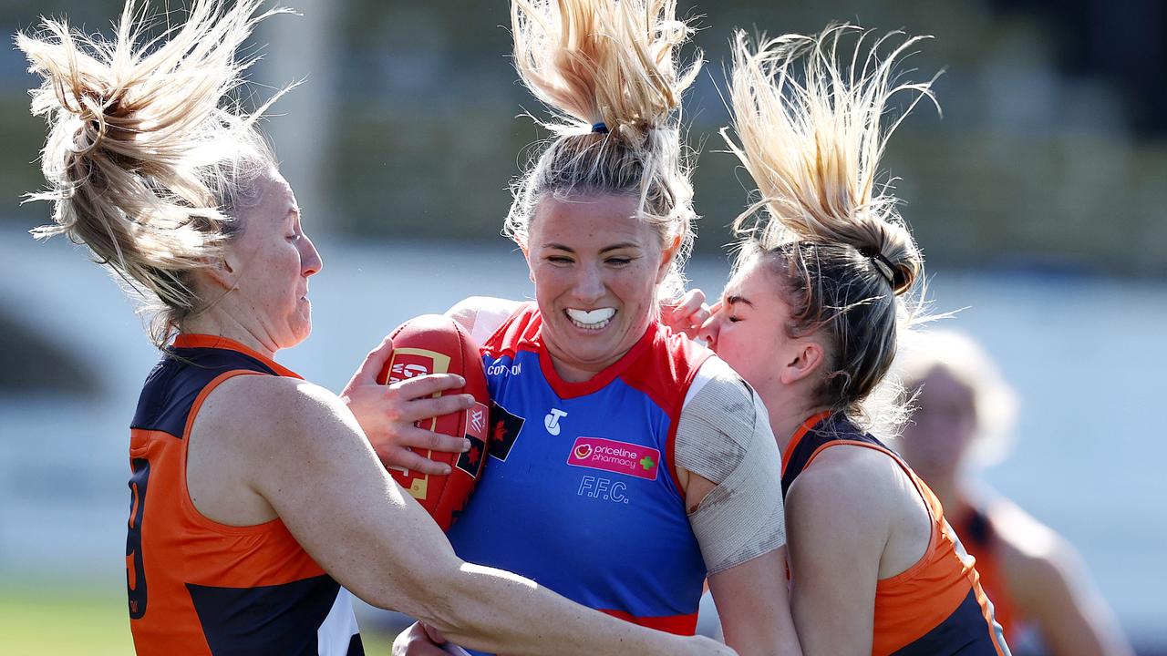 Gabby Newton is crunched at Ikon Park. Picture: Michael Klein