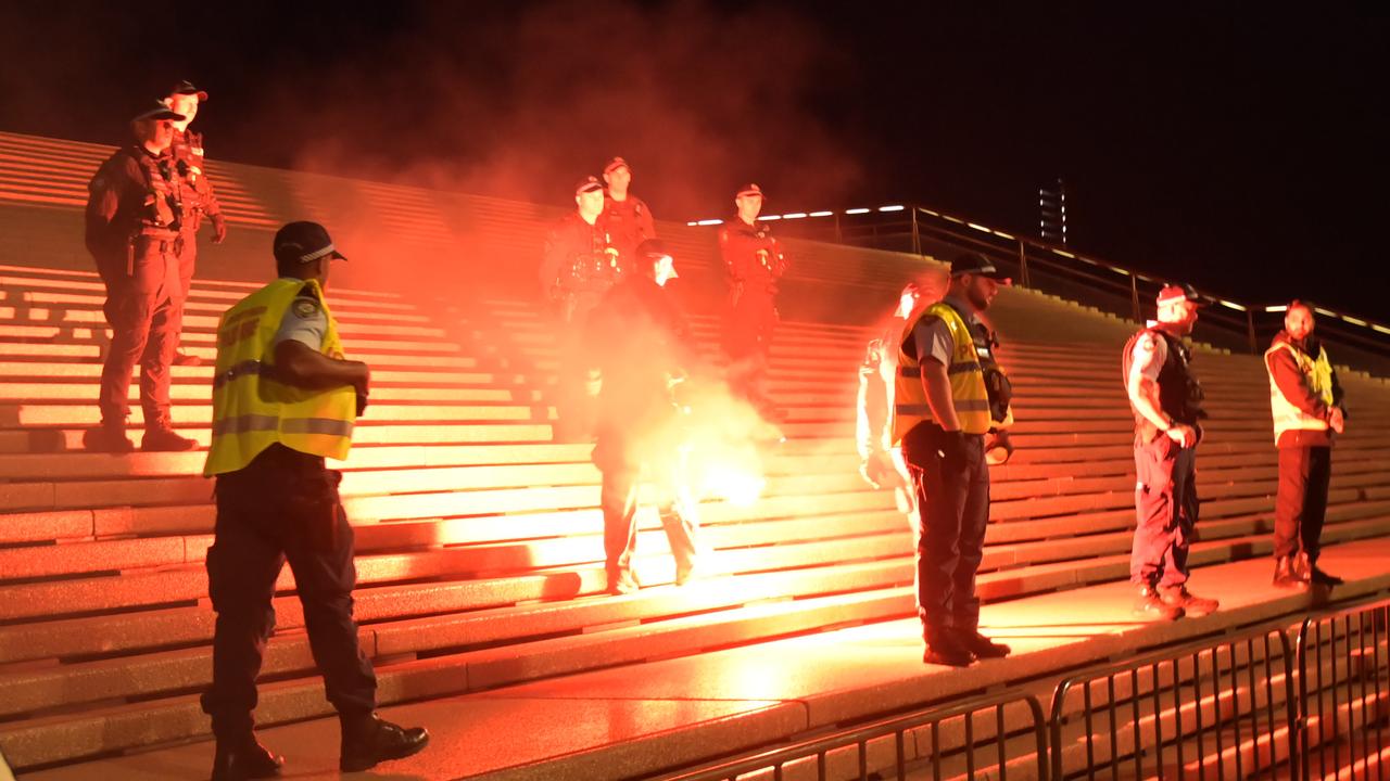 Flares were thrown on the forecourt of The Sydney Opera House in Sydney following the recent outbreak of war between Israel and Palestine. Picture: NCA NewsWire / Jeremy Piper