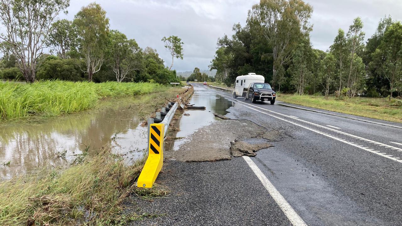 Damaged roadways on the Bruce Highway at the Mary Valley Road intersection at Gympie. Picture: Department of Transport and Main Roads