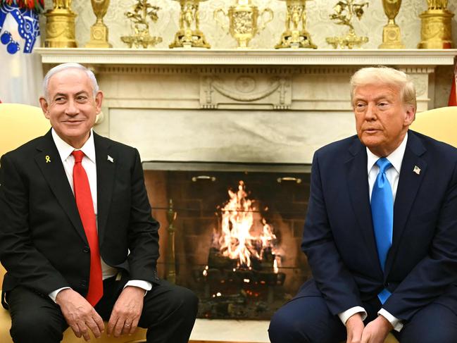 US President Donald Trump (R) meets with Israel's Prime Minister Benjamin Netanyahu in the Oval Office of the White House in Washington, DC, on February 4, 2025. (Photo by ANDREW CABALLERO-REYNOLDS / AFP)