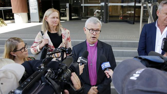 Peter Stuart, the Anglican Bishop of Newcastle talks to media at the Newcastle District Court. Picture: Darren Pateman