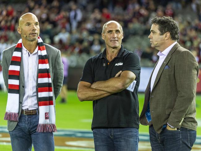 Stewart Lowe, Tony Lockett and Garry Lyon at Spud’s Game in 2021. Picture: Jake Nowakowski