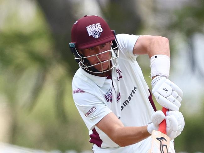 BRISBANE, AUSTRALIA - OCTOBER 23: Marnus Labuschagne of Queensland bowls during the Sheffield Shield match between Queensland and South Australia at Allan Border Field, on October 23, 2024, in Brisbane, Australia. (Photo by Chris Hyde/Getty Images)