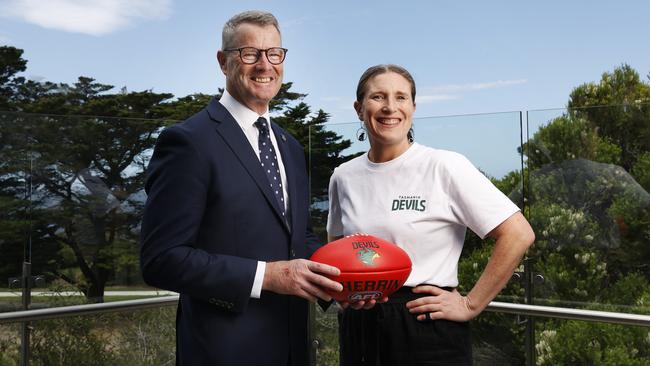 Grant O'Brien, chair, with Kath McCann, executive director of the Tasmania Football Club, They will reveal their newest recruit this week. Picture: Nikki Davis-Jones