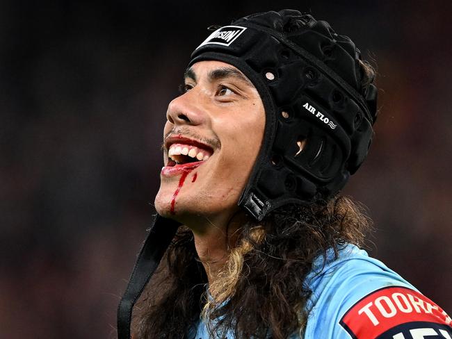 BRISBANE, AUSTRALIA - JUNE 21: Jarome Luai of the Blues reacts after been sent off for head butting Reece Walsh of the Maroons during game two of the State of Origin series between the Queensland Maroons and the New South Wales Blues at Suncorp Stadium on June 21, 2023 in Brisbane, Australia. (Photo by Bradley Kanaris/Getty Images)