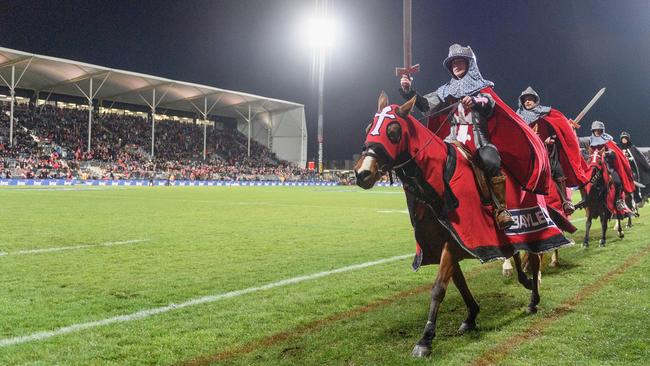 The Crusader horsemen perform at AMI Stadium in Christchurch. The franchise will consider a change of name at an appropriate time. Picture: Getty Images