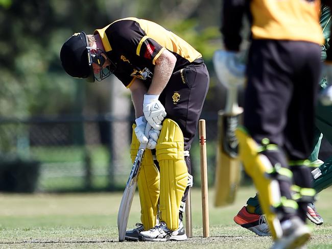 Premier Cricket: Monash Tigers (batting) versus Northcote at Central Reserve, Glen Waverley. Batsman Waters is bowled out.