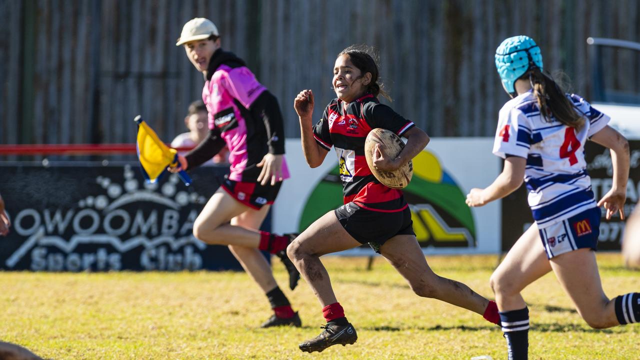 Bella Duncan on the way to score for Valleys against Brothers in an under-13 girls TJRL fixture. Picture: Kevin Farmer