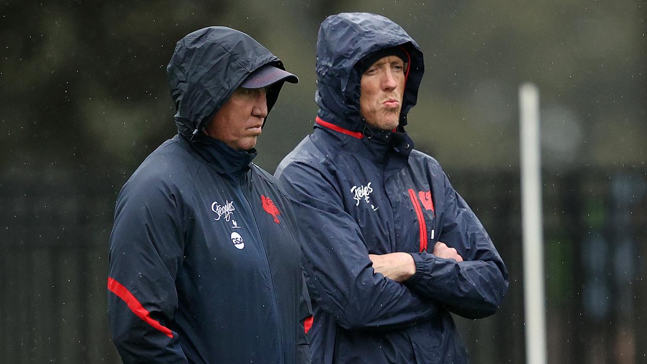 Craig Fitzgibbon (right) during his days at the Roosters as an assistant to Trent Robinson. Picture: Phil Hillyard