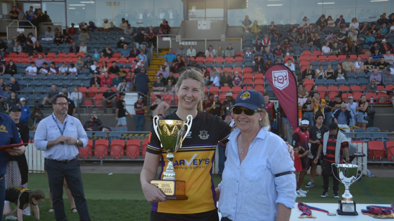 Gatton Hawks women's captain Kimberley Dore receives the trophy on TRL grand final day at Clive Berghofer Stadium on Saturday September 16, 2023.