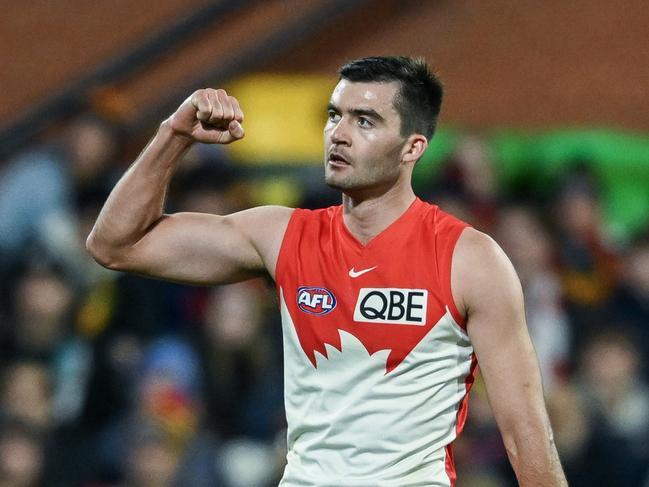 ADELAIDE, AUSTRALIA - JUNE 15:  Logan McDonald of the Swans  celebrates a goal  during the round 14 AFL match between Adelaide Crows and Sydney Swans at Adelaide Oval, on June 15, 2024, in Adelaide, Australia. (Photo by Mark Brake/Getty Images)