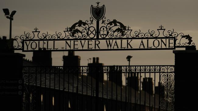 Dusk falls over The Shankly Gates at Anfield, the home of English Premier League leaders Liverpool FC. Picture: Getty Images