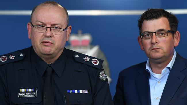 Victorian Premier Daniel Andrews (right) and Victoria Police Chief Commissioner Graham Ashton addressed the media following the massacre. Picture: Julian Smith/AAP.