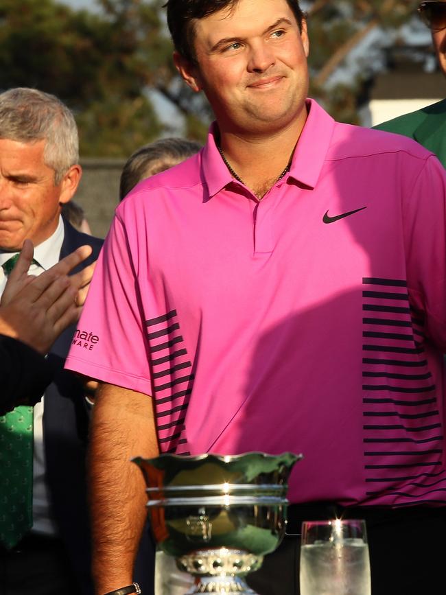 Patrick Reed smiles during the green jacket ceremony. Picture; Getty Images.