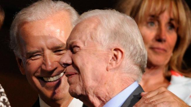 Joe Biden with Jimmy Carter during the second night of the Democratic National Convention in August 2008. Picture: UPI