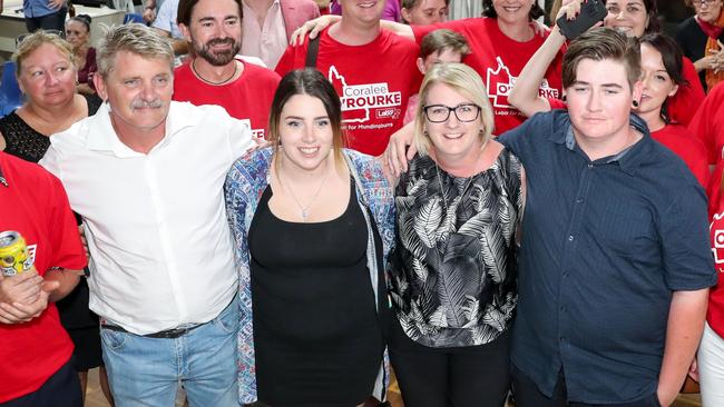 Coralee O'Rourke with her family from left, husband Lewis, Hannah, and Riley as they watch the counting results in the 2017 state election. Picture: Michael Chambers