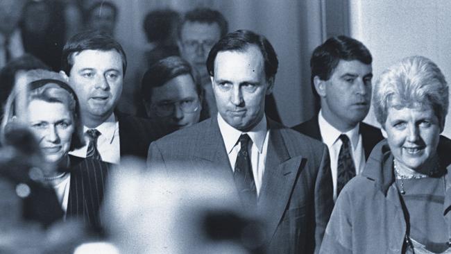 New prime minister Paul Keating walks from the caucus room to announce his victory in 1991. Picture: Anthony Weate