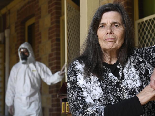 MARCH 5, 2021: Yvonne Lacey OAM, who was living in a rental property in Mannum so badly contaminated with methamphetamine, she herself tested positive for meth and started feeling ill just weeks after moving in. She is now calling for tougher rental laws supporting tenants in similar situations. She pictured at the house with her husband Michael Lacey wearing PPE. Picture: Naomi Jellicoe