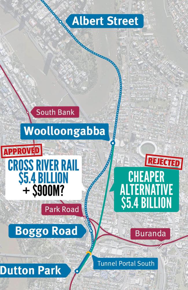 A map of the Cross River Rail shows the Boggo Rd site, which could cost up to $900 million more than the alternative site nearby.