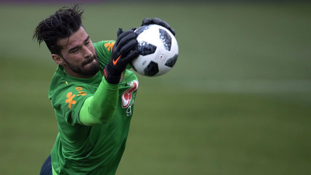 Brazil's goalkeeper Alisson attends a training session of the national football team ahead of FIFA's 2018 World Cup